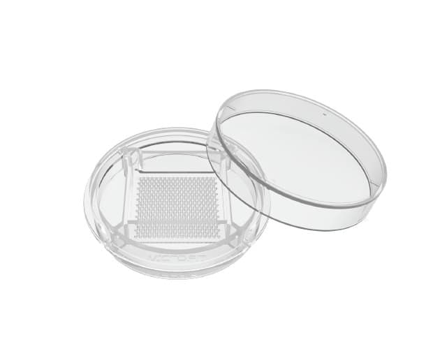 StemFIT 3D Plastic 배양 디시와 뚜껑, 바닥에 마이크로웰이 배열된 인서트